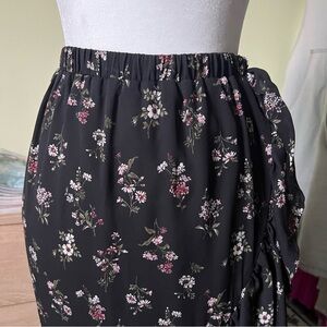 Black Floral Ruffle Hem Asymmetrical Midi Knee-Length Modest Elastic Skirt Sz XS